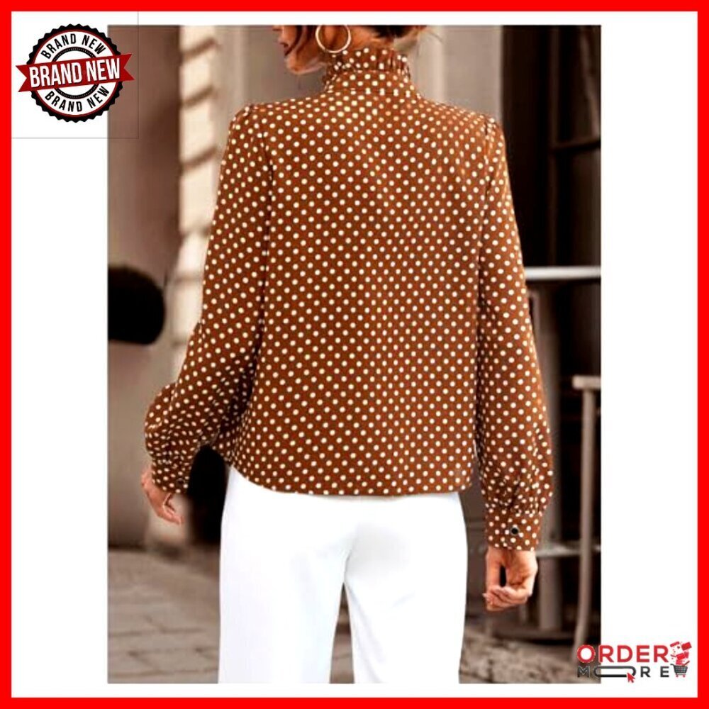 Polka Dot Satin Blouse Long Sleeve Button Up Shirt Business Casual - Picture 3 of 5